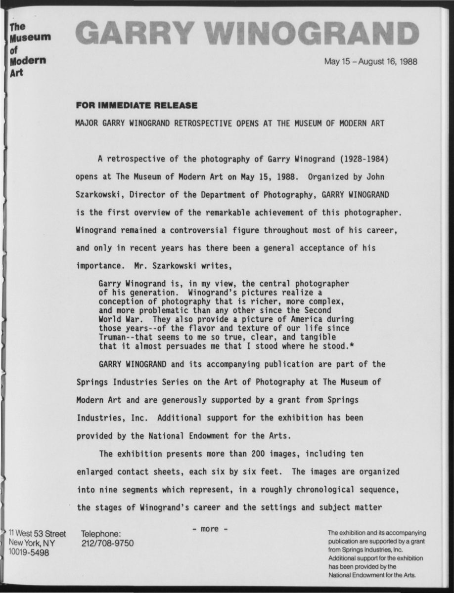 MoMA Press Release: Garry Winogrand (1988)